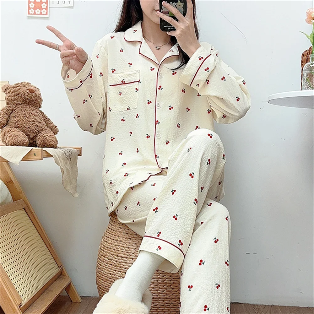 Korean Style Chic Women\'s Sleepwear Set Extra Soft Peach Lapel Long Sleeve Spring Autumn For Home Use Loose Sleepwear Set