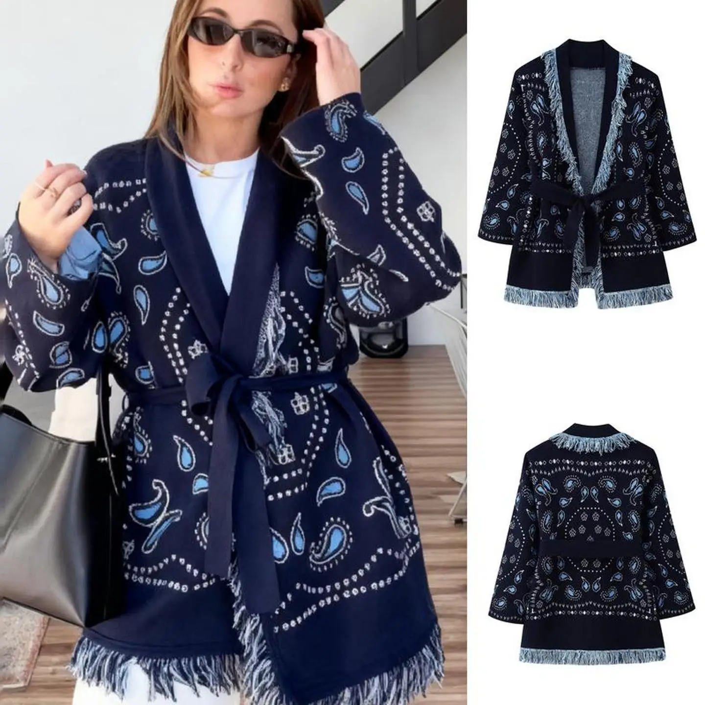 

Retro Sle Long Sve Sweater Coat with Tassel Loose Fit Faionable Collar Autumn Winter Middle Length Knitted Outerwear