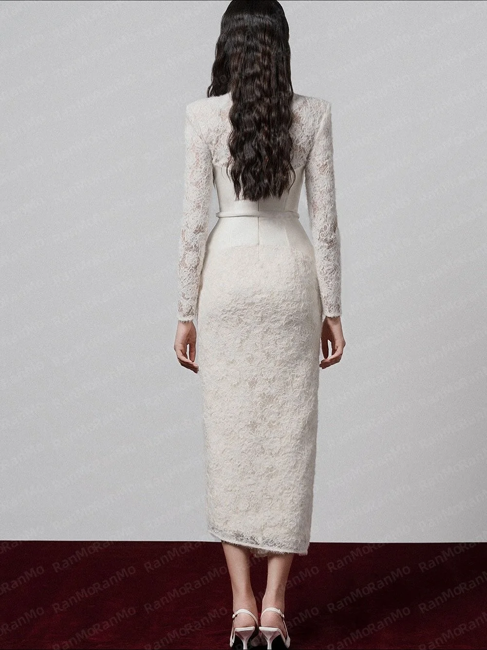 Ranmo 2026 Fashion Women's Elegant Lace Dress Blet Niche Light Luxury Lace Patchwork V-neck Long Sleeve High Waist Dresses New