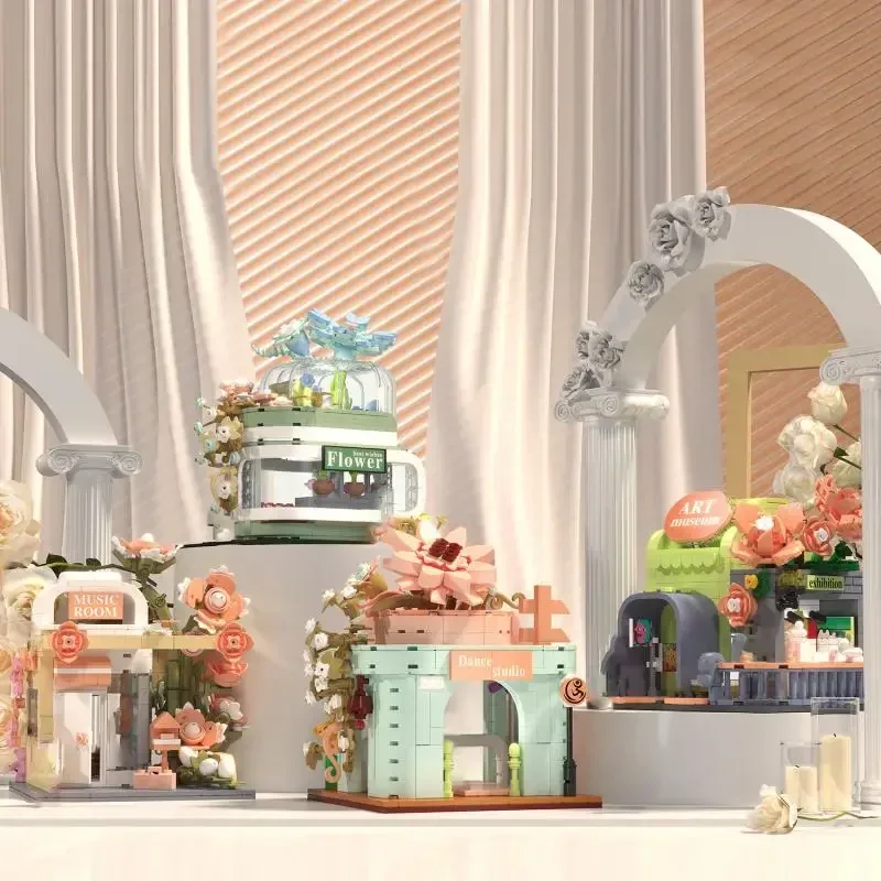 Bloques de construcción de tienda de flores, vista de calle de ciudad, sala de música, estudio de baile, Museo de arte, arquitectura, modelo de ladrillos, juguetes para niños, regalos para niñas