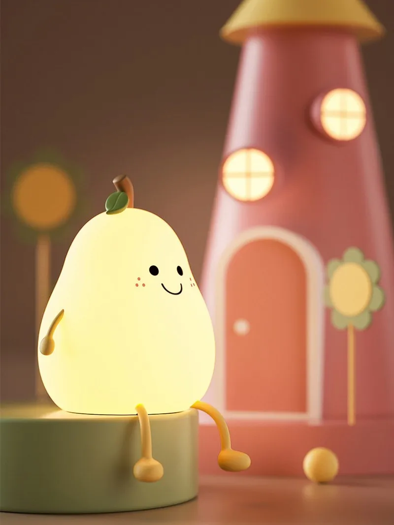 Creative Cute LED Pear Night Light USB Rechargeable Dimming Touch Silicone Table Lamp Bedroom Decoration Couple Gift Boby Light