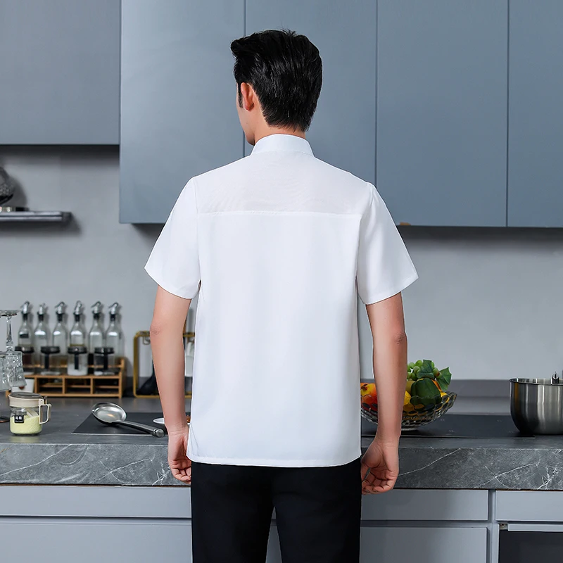 Abrigo de Chef de restaurante transpirable para hombre, uniforme de Chef de manga corta, chaqueta de cocina, delantal blanco, ropa de trabajo, logo, pantalones cortos de Chef de verano