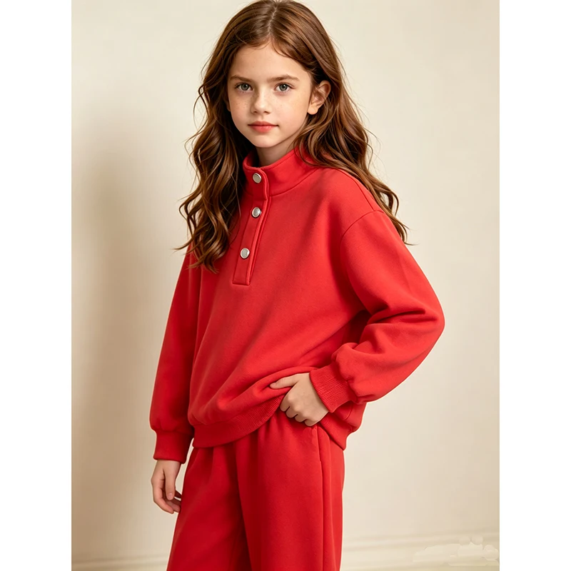 Girls 8-12 Spring Daily Tracksuit, Solid Stand Collar Half Button Sweatshirt Elastic Cuff Jogger Pants Loose Kids Outfit