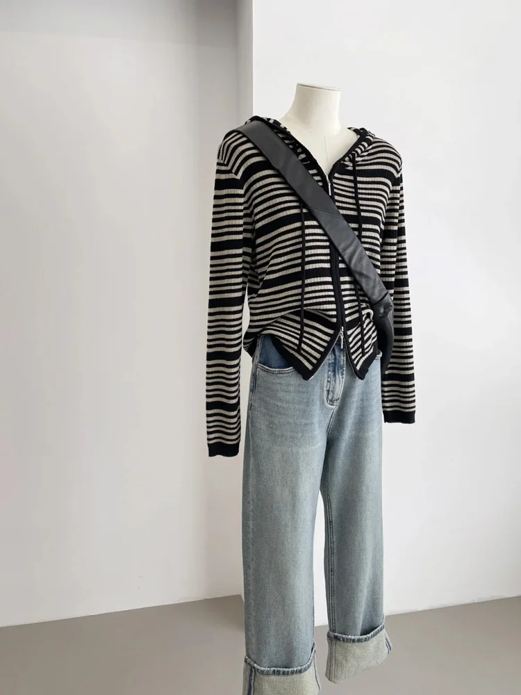 Ele Double Zipper Camere Knitwear Long Sve Women's Faionable Striped Top Versatile Casual Commute Sle