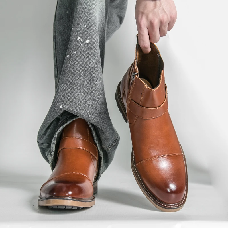 Autumn Men's Ankle Boots Fashionable Round Head High Top Chelsea Thick Soled Low Heel Denim Boots Business Formal Leather Shoes