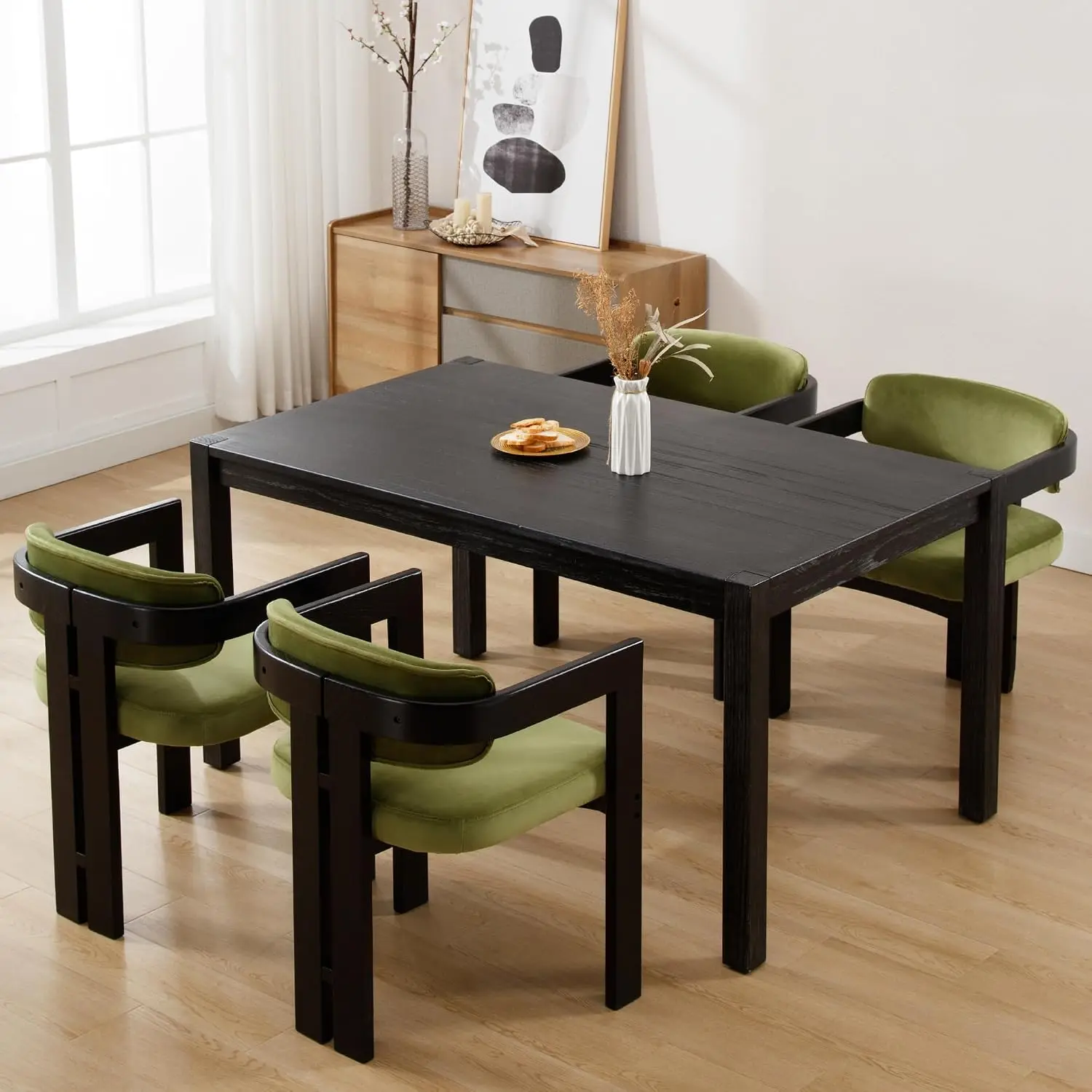 Velvet Barrel Dining Chair Set of 4 with Arm & Backrest, Green Cushion Black Wood Leg, Kitchen & Dining Room, Customized