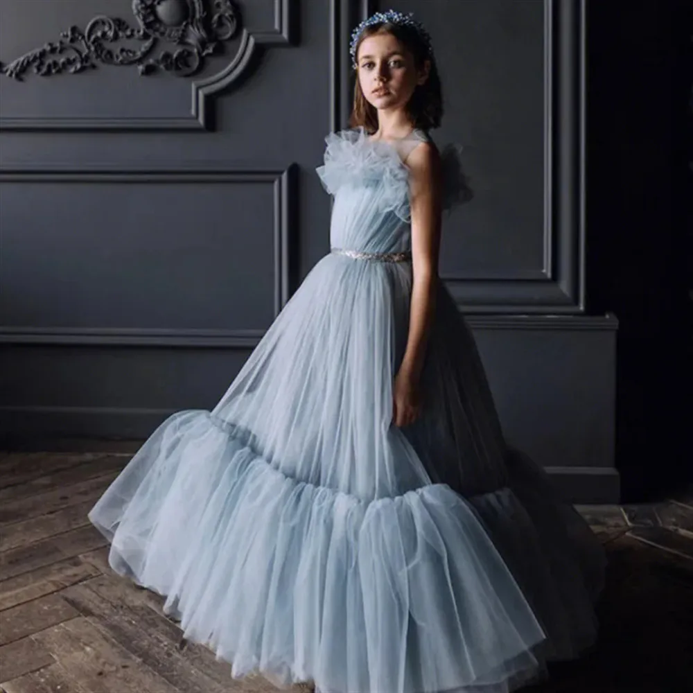 Elegant Flower Girl Long Wedding Dress Blue Sleeveless with Belt Girls Birthday Evening Party Prom Performance Gown Customized