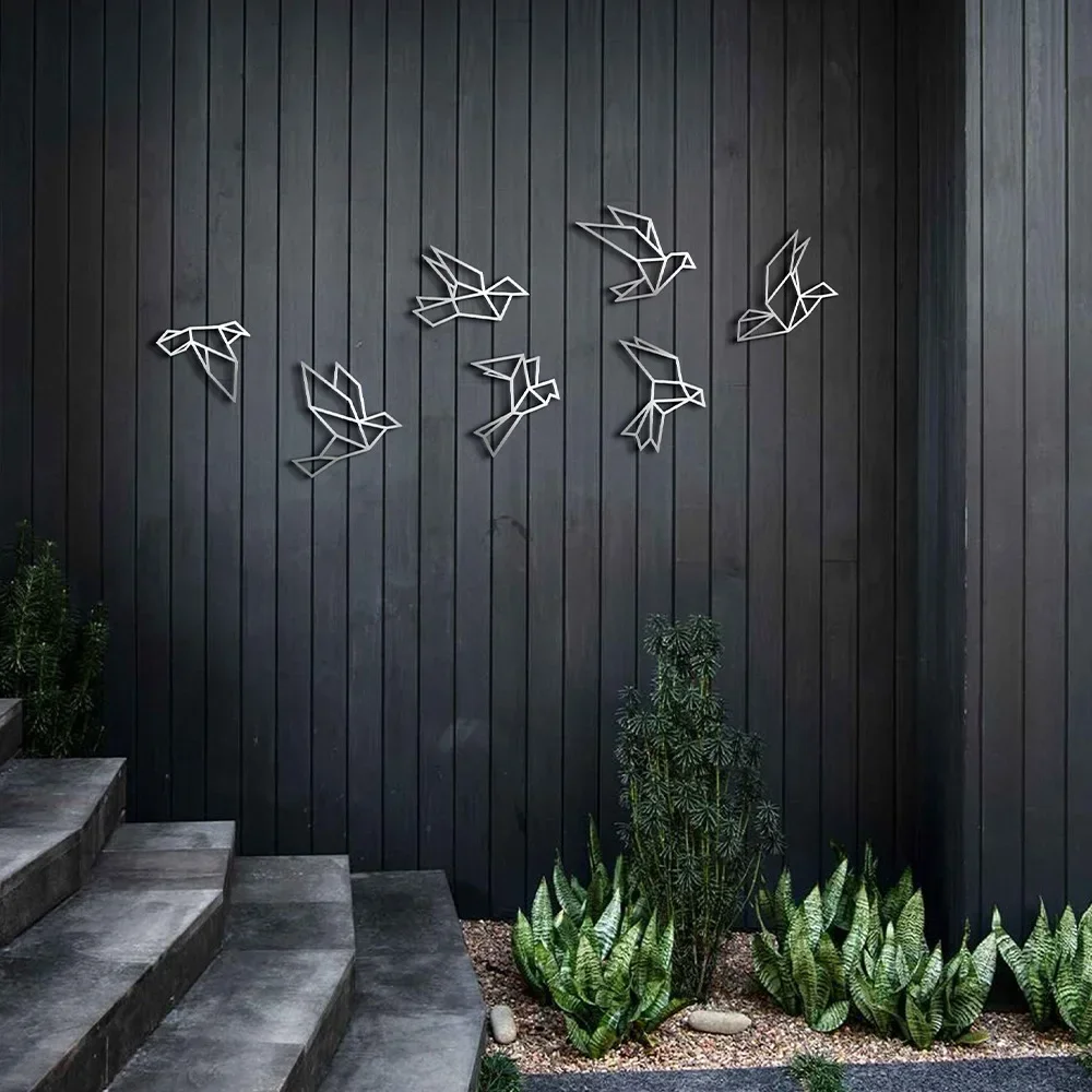 Metal geometric bird artwork, silver wrought iron wall decoration, outdoor indoor home wall pendant