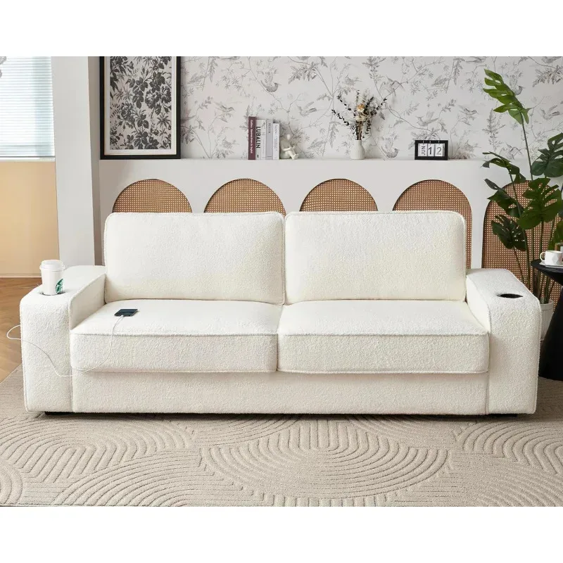 QWModern Sofa. Cómodo sofá de 89 pulgadas con portavasos y puertos de carga USB. Sofá Bouclé blanco roto - Sofá de asiento profundo para sala de estar