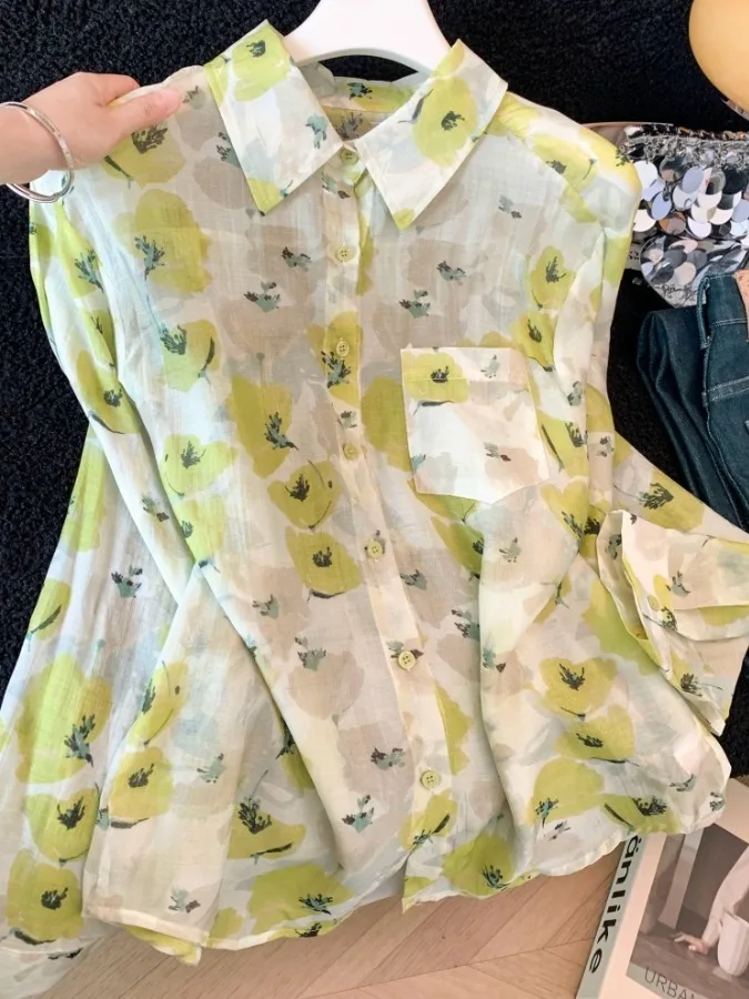 

Collar Shirt Jacket Women Summer Loose Lightweight Chiffon Sunscreen Top Beach Vacation Style round Neck Print Casual