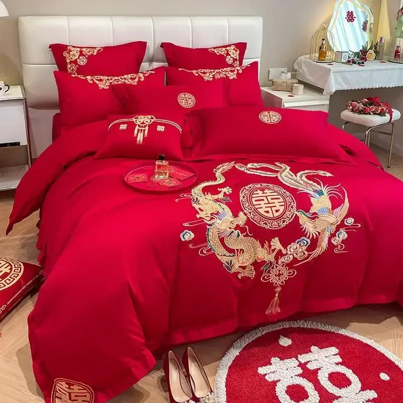 Chinese Dragon and Phoenix Embroidery Wedding Four Piece Set, Big Red Bed Sheet, Quilt Cover, Pure Cotton Bedding