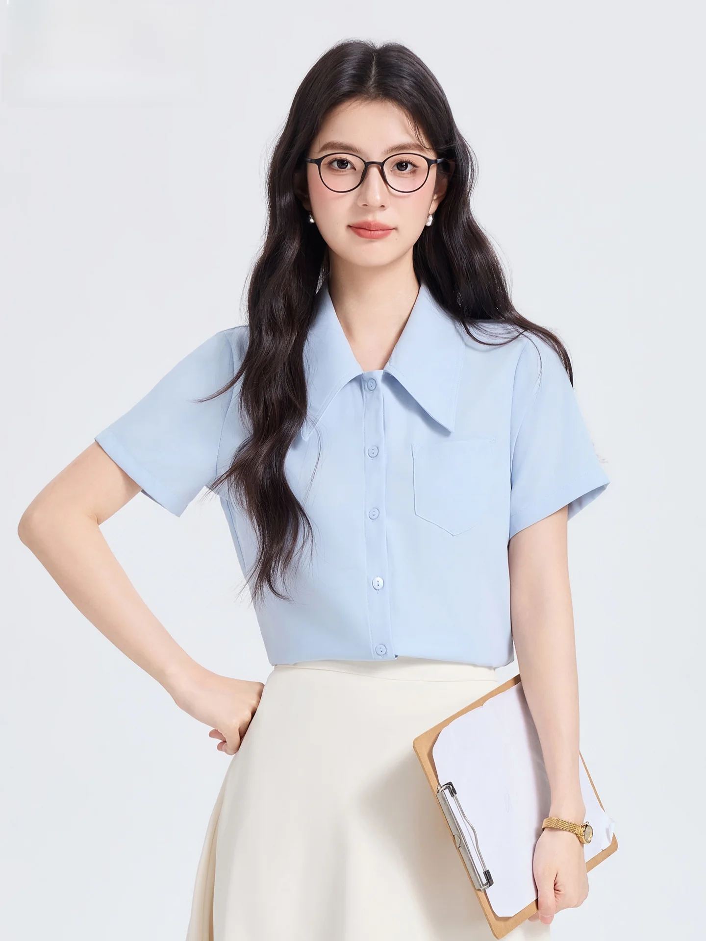

Light Blue Short Sleeve Shirt Women's Summer Student Interview Formal Lightweight Office Style College Fashion Outfit Set