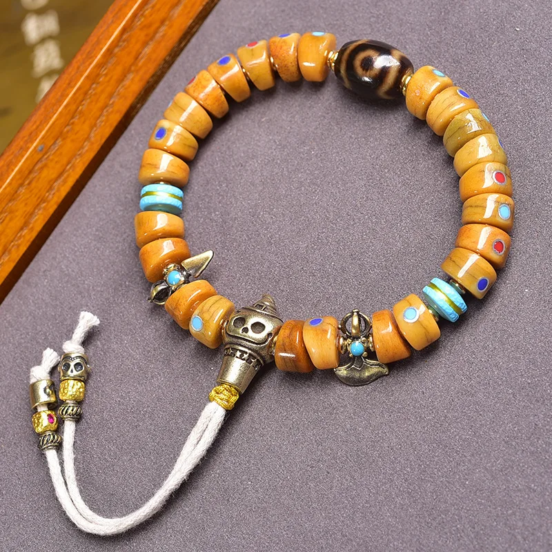 Ox Inlaid Large Intestine Bracelet Buddha Backflow Bone Tibetan Beads Gold Seed Porcelain Bright Old Mater