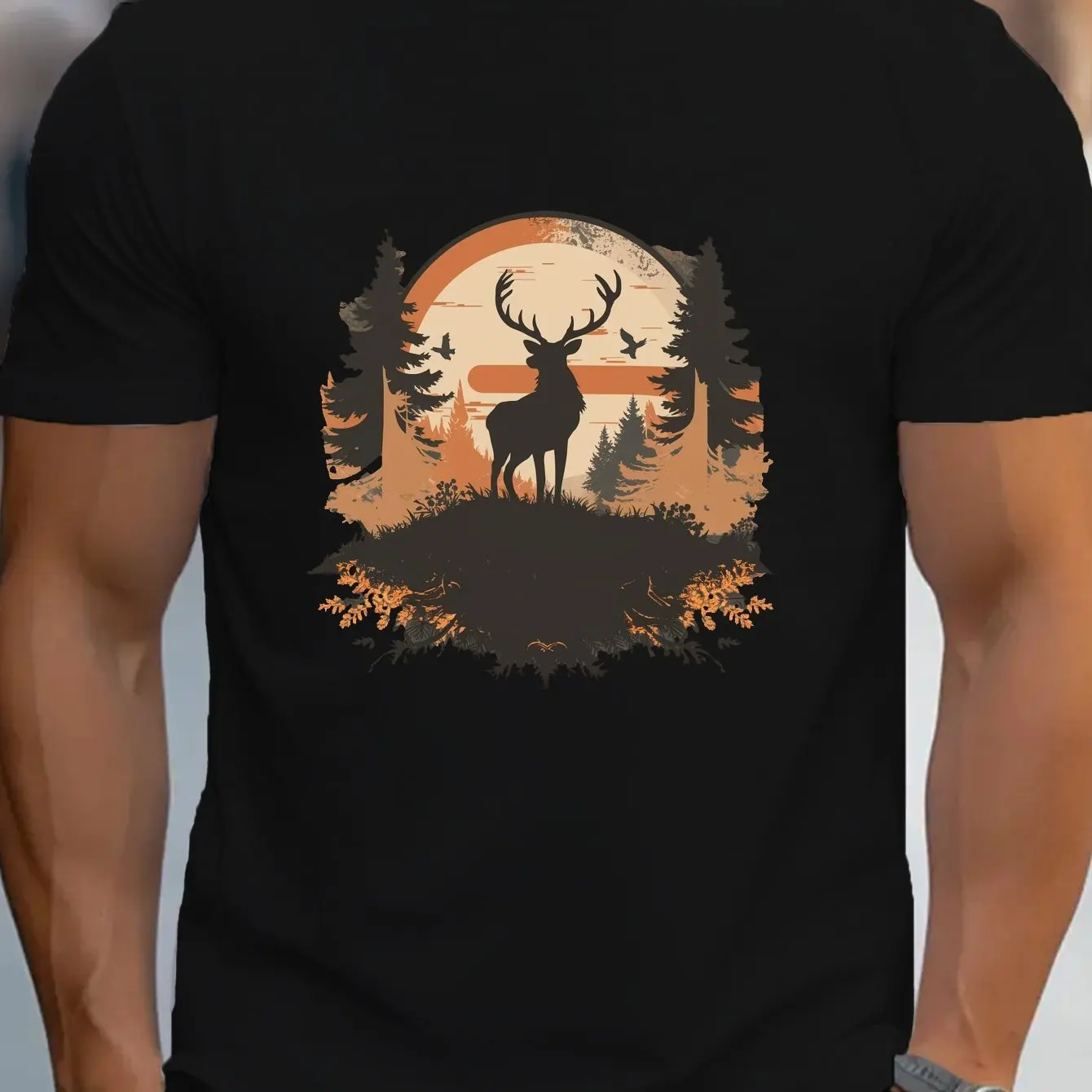 Men Casual Short Sleeve T-Shirt Majestic Deer Silhouette Forest Print Royal Blue Sunset Pine Tree Design Men Clothing
