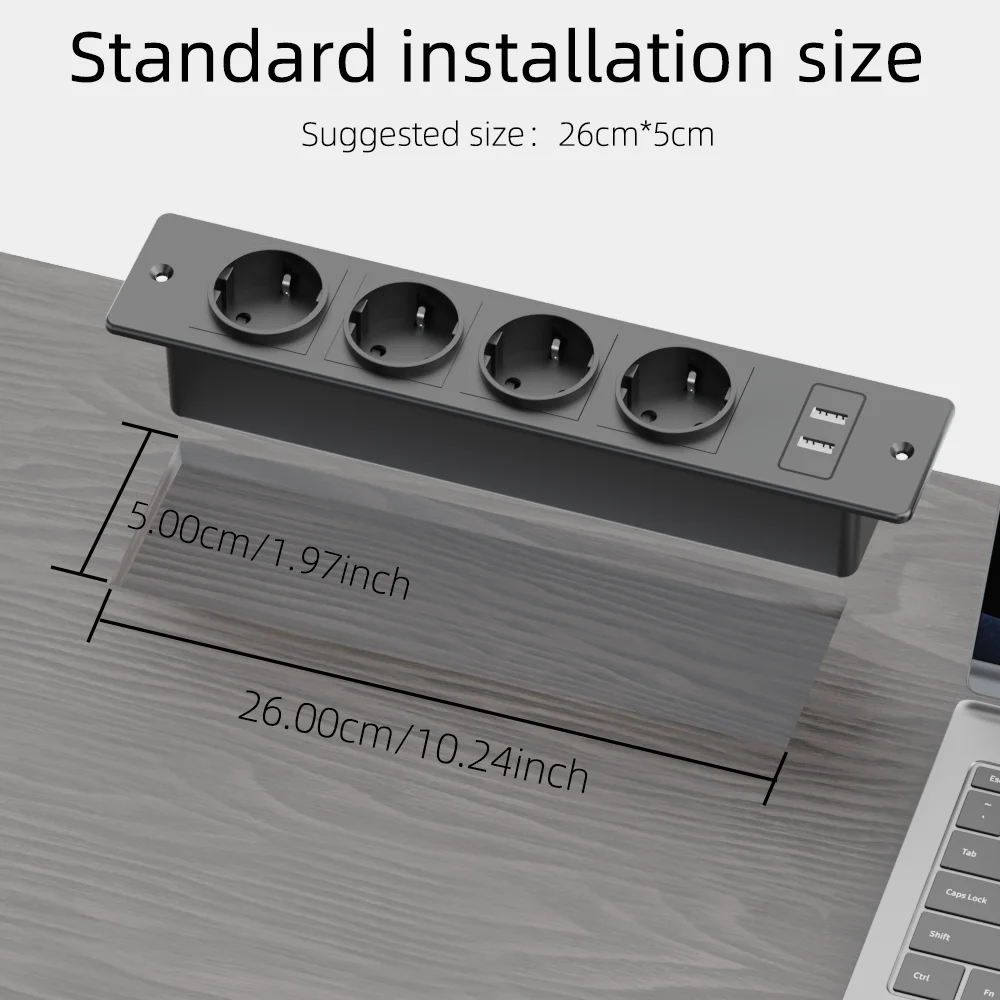 Recessed Power Strip 4 AC Outlets 2 USB-A Ports(5V 2.1A) with 1.5M Extension Cord Built-in Desktop Socket for Conference Room