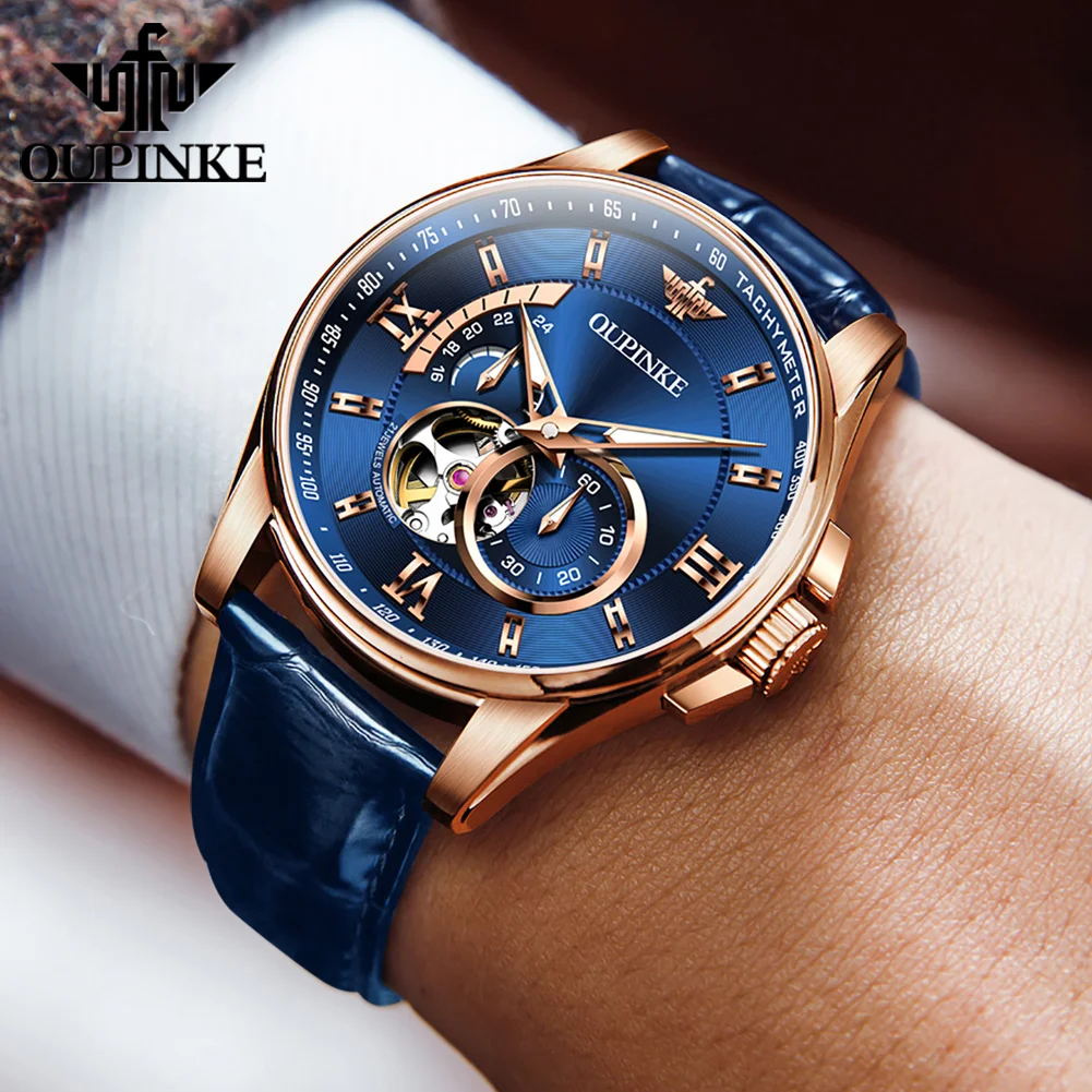 OUPINKE 3222 Men Watch Automatic Mechanical Original Leather Strap Calendar Roman Scale Man Wristwatch