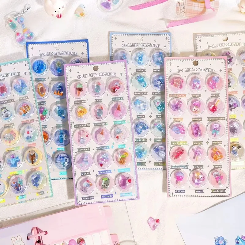 1/3/6pcs 3D Capsule Creative Guidebook Relief Crystal 3D Sticker Manual Puzzle Reward Decorative Stickers Girl Gift