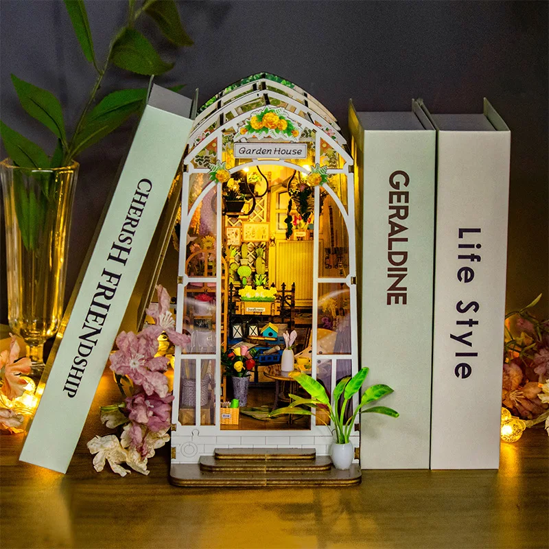 Book Nook Miniature DIY Hut Garden House Bookstand Buckle Assembly  Doll House Creative Puzzle Bookshelf Insert With Touch Cover