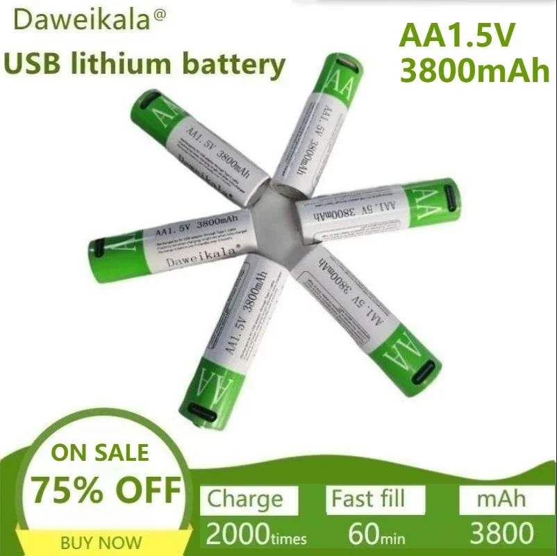

Модернизированный литий-ионный аккумулятор AA 1,5 В, емкость 3800 мАч, литиевый USB-аккумулятор USB, используемый для мыши, игрушек, клавиатуры