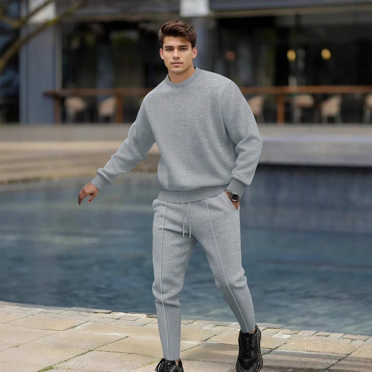 Men's Autumn Casual Waffle Fabric Solid Color Two-Piece Set - Stylish Pullover Long-Sleeved Round-Neck Top And Pants Sports Suit