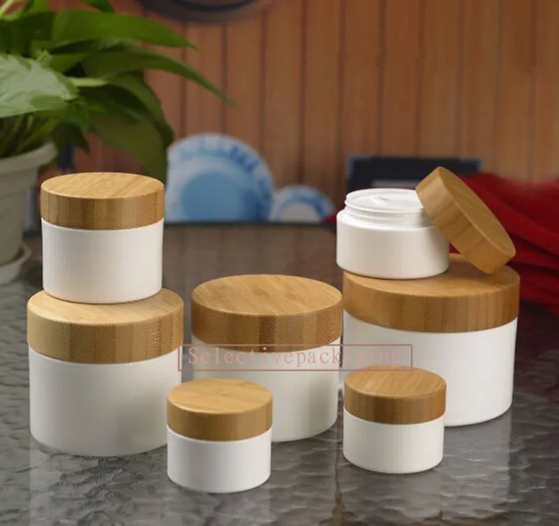 

50pcs 100ml White Plastic Cream Jar Container With Natural Bamboo Cap Food Storage Jar Facial Mask Jar Cosmetic Container