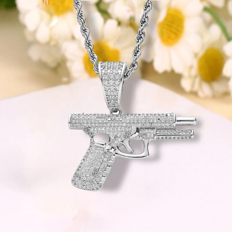 2023 New Fashion Hip Hop Crystal Pistol Pendant Personality Cool Rap Trend Pendant Necklace for Men Women Gift