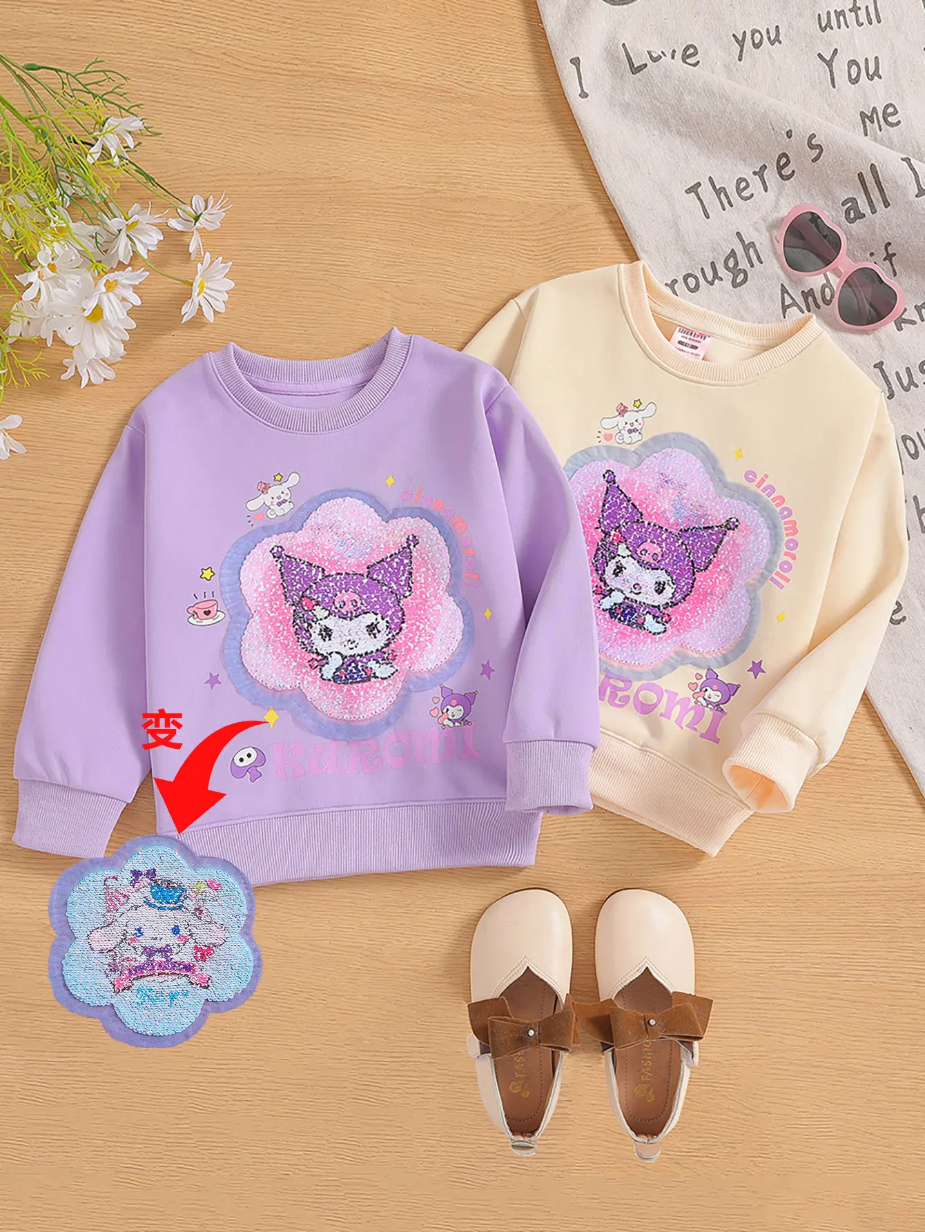 

Новинка, хлопковая Футболка для девочек Sanrio, костюм принцессы с аниме Kuromi и меняющими цвета блестками, детская одежда с длинными рукавами для малышей, подарок на осень