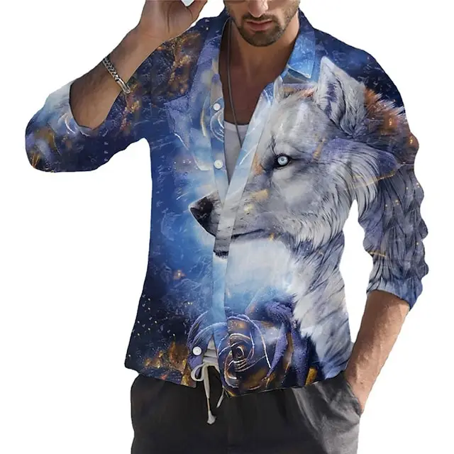 2024 New Men's Wolf Shirts 3D Prints Clothes Animal Button Long Sleeve Lapel Streetwear Shirt For Men Blouse Casual Shirt