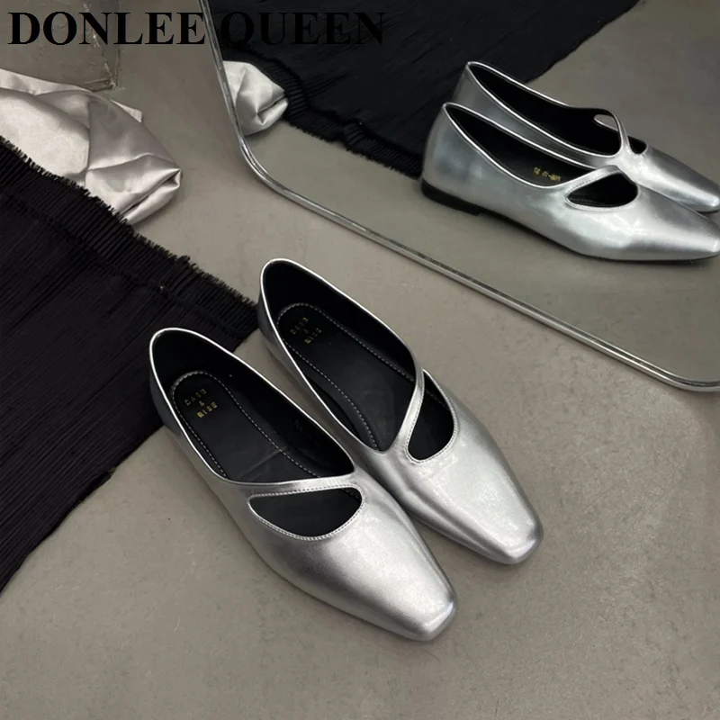 2023 New Autumn Flats Ballerina Shoes Women Fashion Brand Square Toe Ballet Shoes Female Casual Loafer Gold Sliver Zapatos Mujer