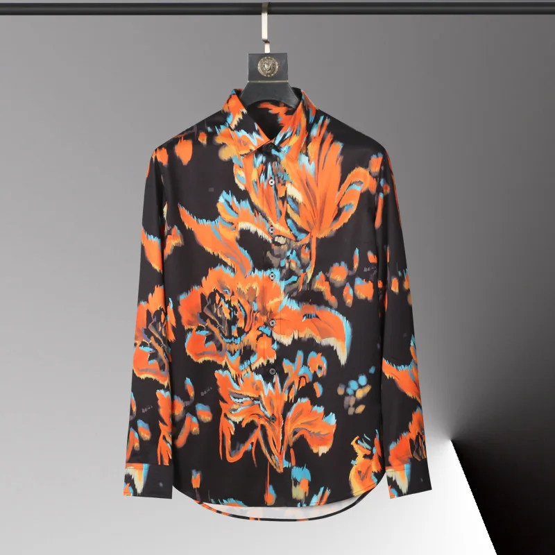 New autumn and winter men's long sleeved shirt with fashionable fit, digital printing, no ironing shirt