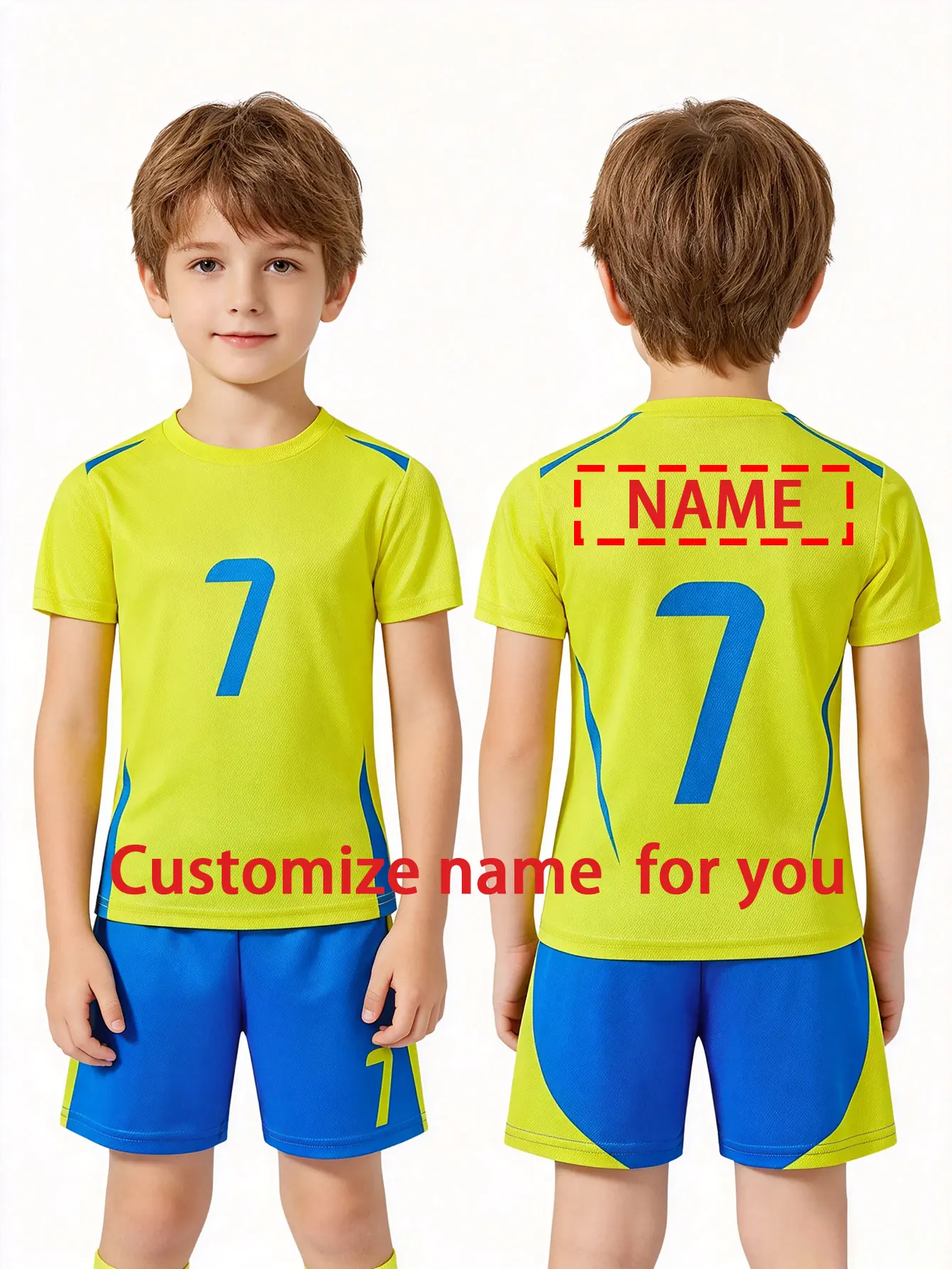 Eco-Friendly Kids Soccer Jersey Set Short Sleeve Color-Block Custom Name Number Yellow Blue 3-13 Years Boys Recyclable Fabric
