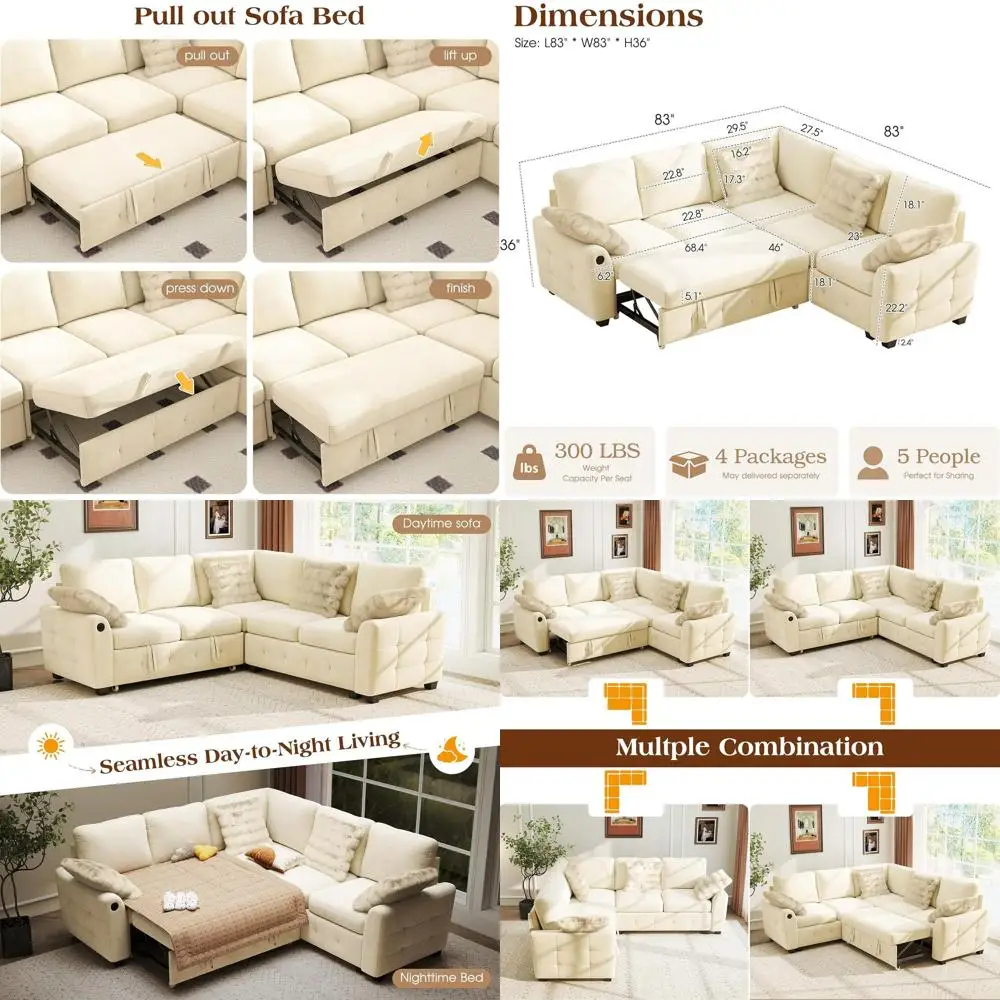 

L-Shaped Sectional Soa Bed with Storage, 5-Seater Convertible Pull Out Sleeper Soa with USB Charging Ports, 4 Pillows & Wide Arm