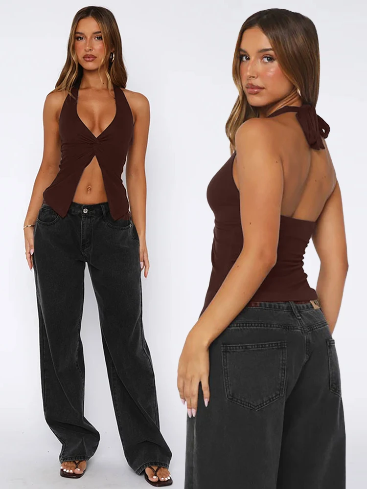 New Y2k Sexy Backless Halter Neck Bow Tie Suspender Top Coffee Hem Slit Vest Fashion Versatile Solid Woman Clothes Blouse Trends