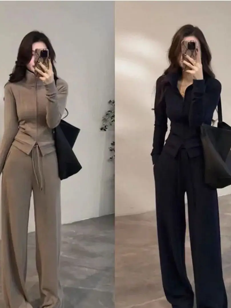 

Korean Fashion Fleece Lined Warmth Sportswear Set Women's Stand Collar Sweatshirt Jacket Wide Leg Pants Two Piece Set Sporty ...