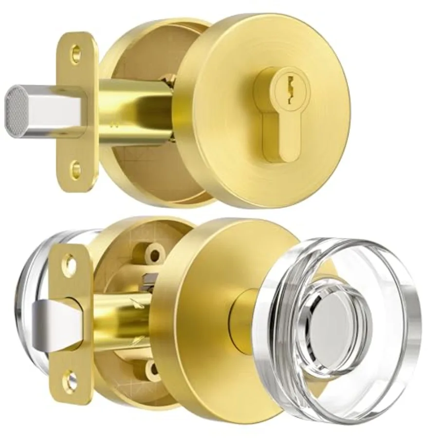 

Crystal Glass Door Knob with Deadbolt Lock, Brushed Gold Front Door Knob and