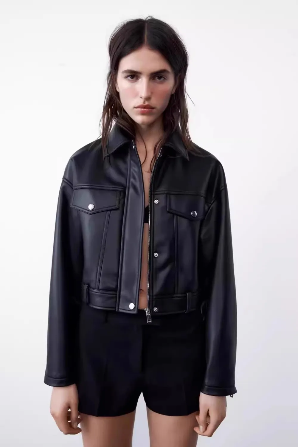 

Fall Women's PU Leather Biker Jaet ort Zipper Decorated Coat Long Sve Turn-down Collar Motorcycle Sle Faion Outerwear