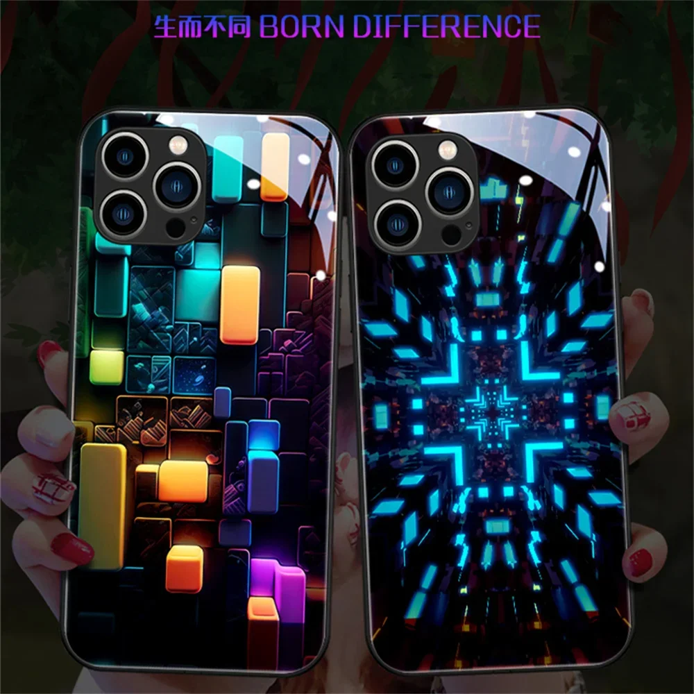 Abstract Fashion Lattice LED Flash Phone Case For iPhone 15 Plus 14 13 12 11 Pro Max X XR XS 6 7 8 Circuit Glow Glass Back Cover