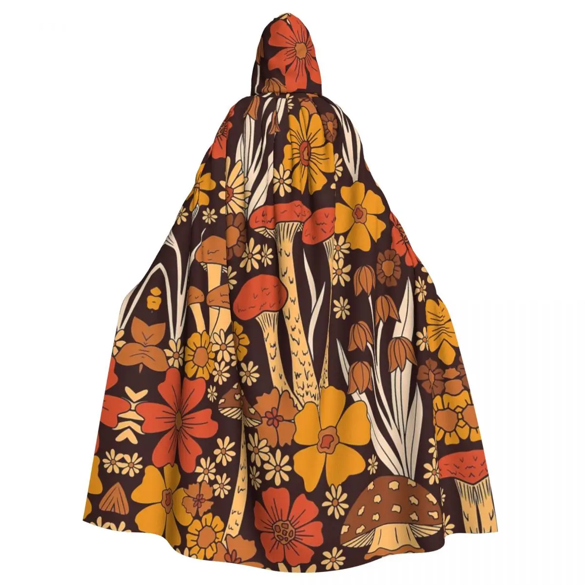 Brown & Orange Mushrooms & Flowers Spiral Hooded Cloak Halloween Party Cosplay Woman Men Adult Long Witchcraft Robe Hood