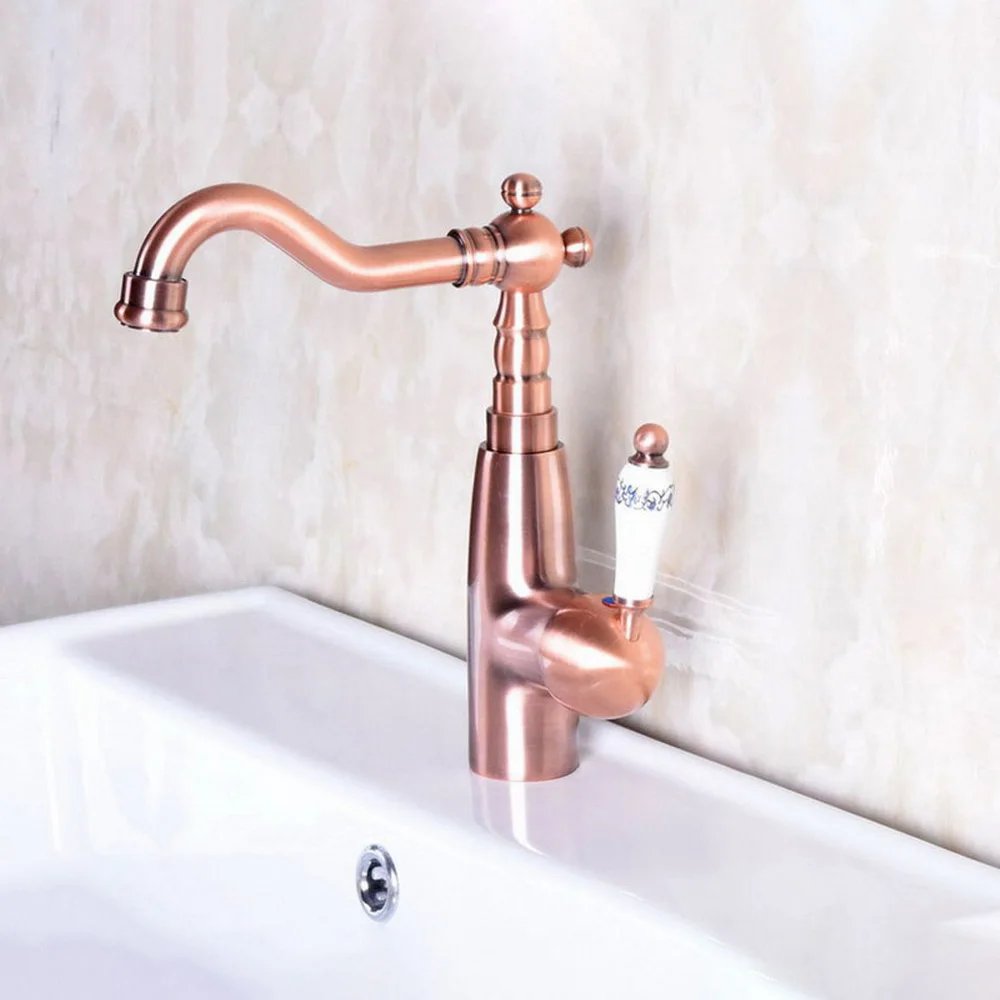 

Single Handle Mixer Tap Bathroom & Kitchen Sink Water Faucet Antique Red Copper Rotable Basin Faucet Taps znf133