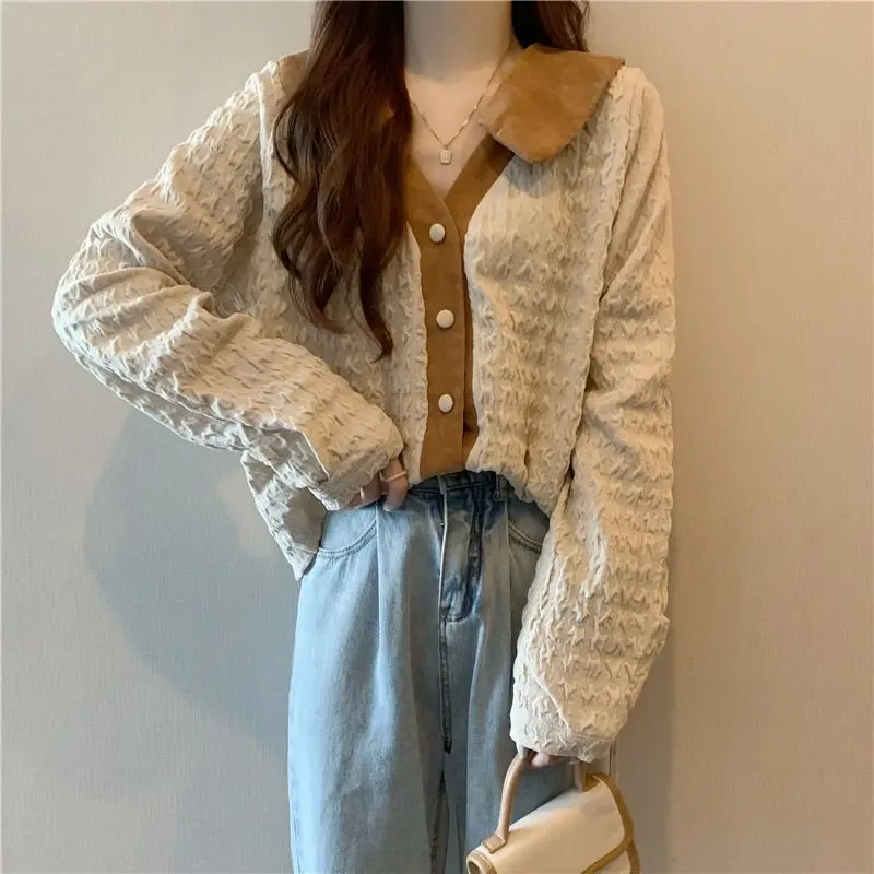 

Оверсайз рубашка с V-образным вырезом и длинным рукавом, свободного кроя, с воротником, весна-осень, новая универсальная модель во французском стиле