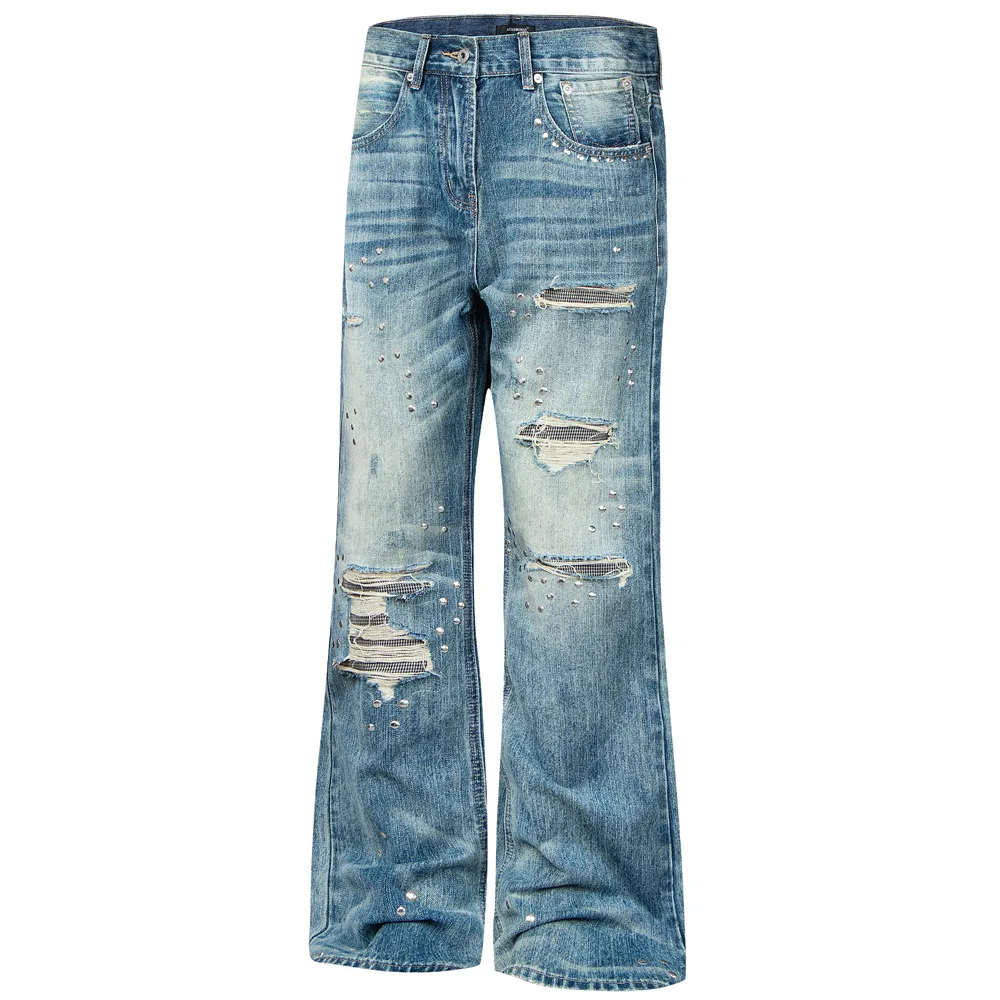 MWJLPWQ Patchwork Retro Loose-Fit Flared Jeans Men's Gradient Wash Distressed Punk Street Style Design Decorate Trousers 17719