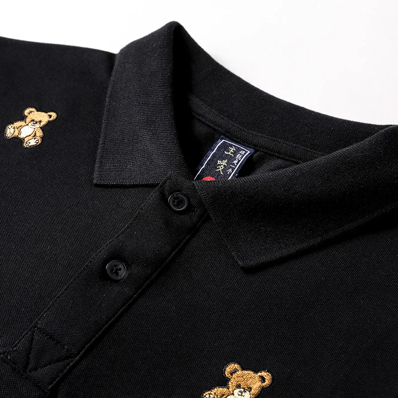 Luxury Embroidery Teddy Bear Men\'s Polo Shirt Summer Thin 100%Cotton Hip-Hop Harajuku Black Lapel Short-Sleeved Tops Male M-4XL