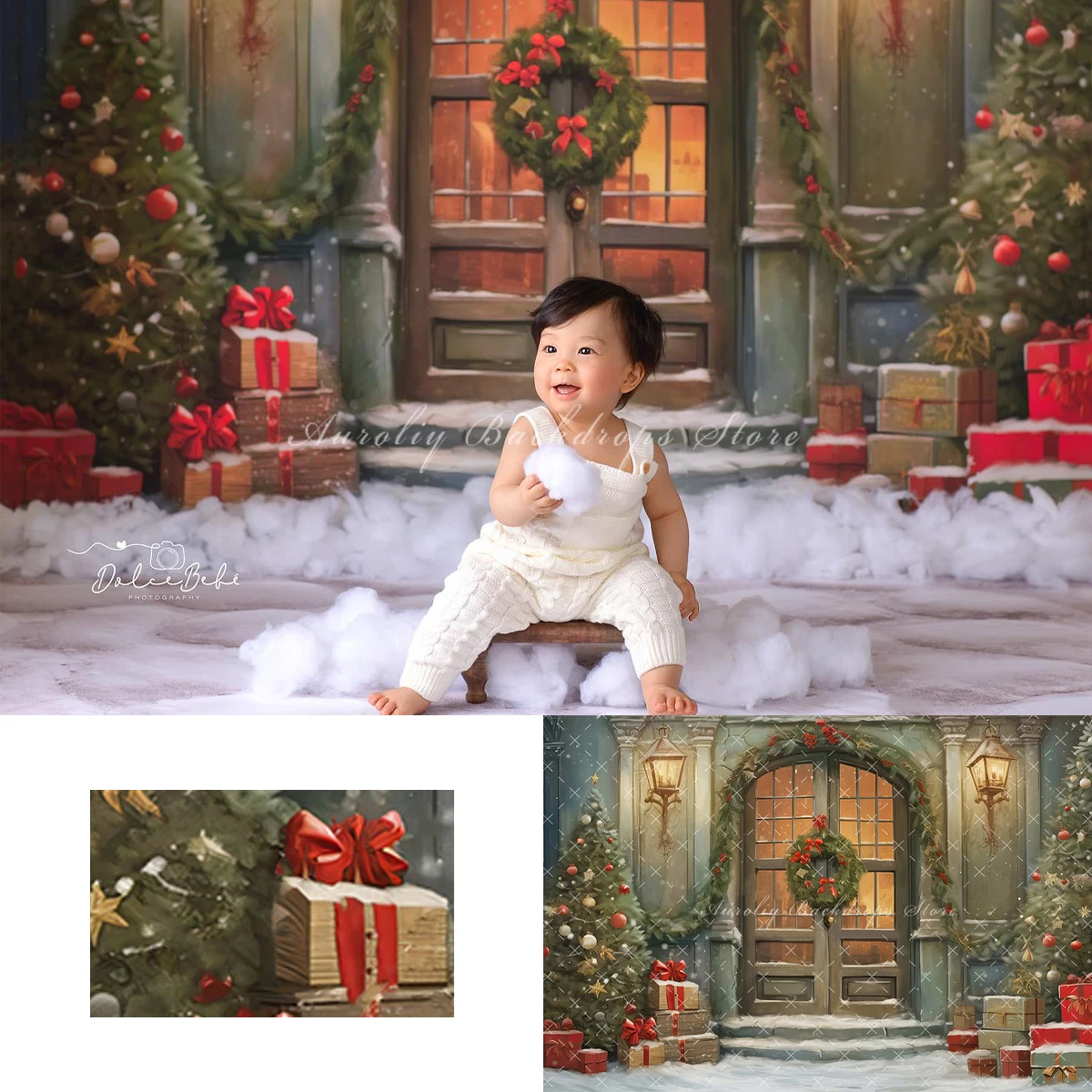 

Winter Snow Day Backgrounds Kids Adult Photography Props Child Baby Christmas Green Wooden Door Wreath Decors Photo Backdrops