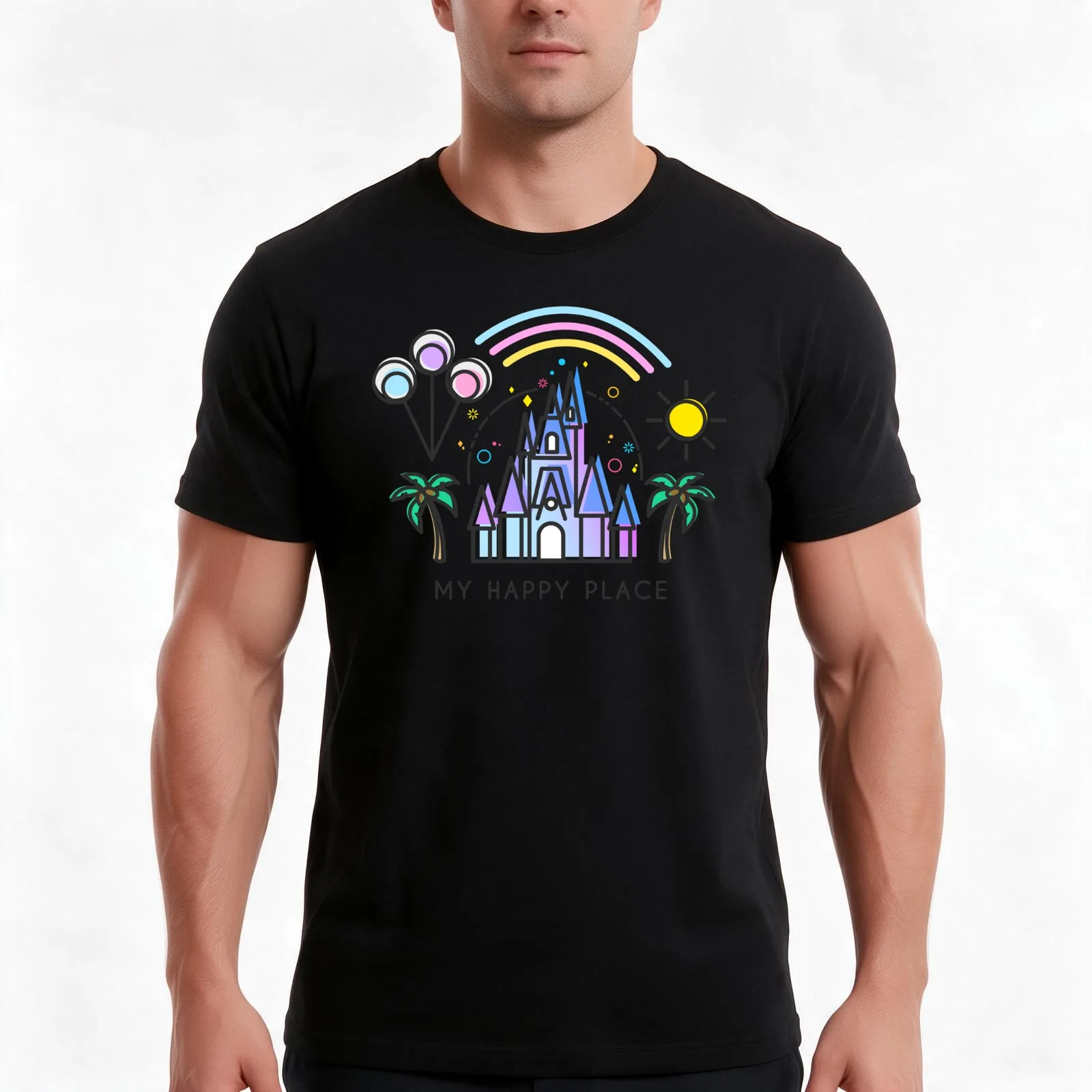 My Happy Place Vector Art Illustration. Magic Princess Castle World. Florida theme park land. T-Shirt, Summer Casual Cotton Tee