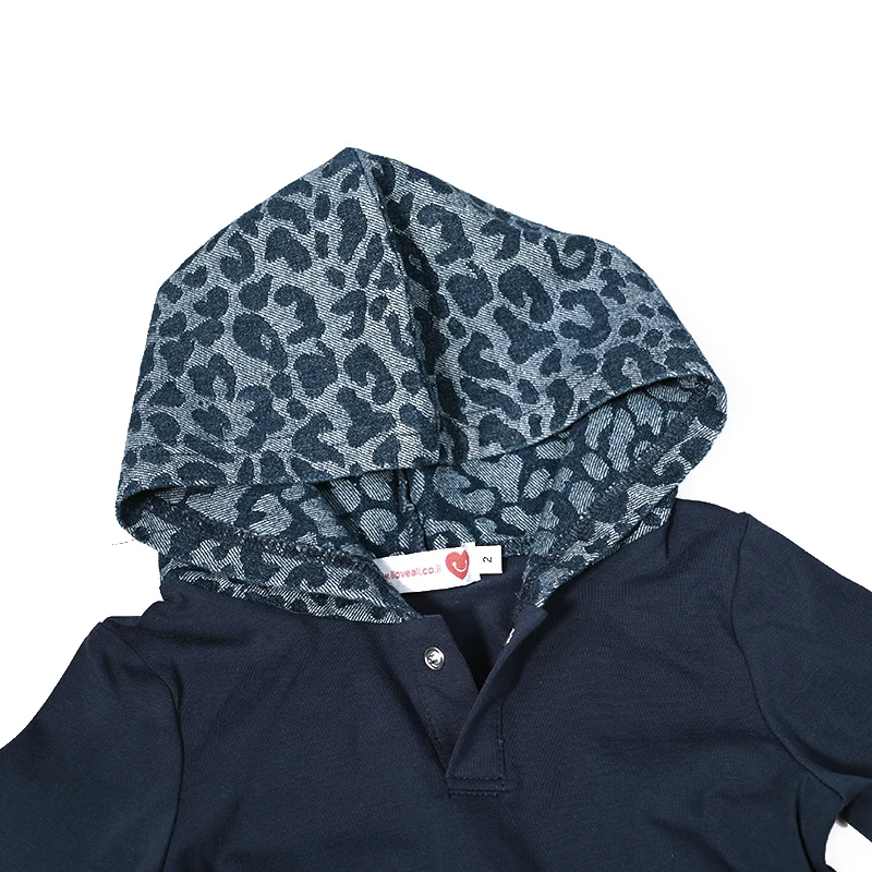 Blue Leopard Denim Children Set Long Sleeve Top Shirt Outfit Denim Washed Cotton/Spandex Dress Leopard Hoodie and Raw Edge Patch