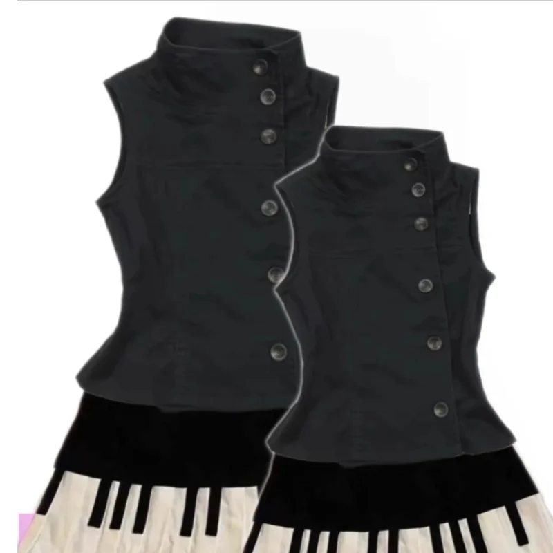 Damska bluzka streetwearowa z golfem, czarna, Harajuku Punk Vintage, zapinana na guziki, estetyka Y2k, dopasowany krój.