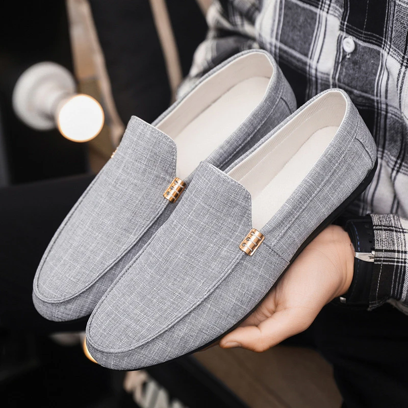 Men'S Beige Linen Loafers With Gold Buckle Detail Slip On Design Breathable Fabric Upper Non Slip Flat Sole Casual Driving Shoes