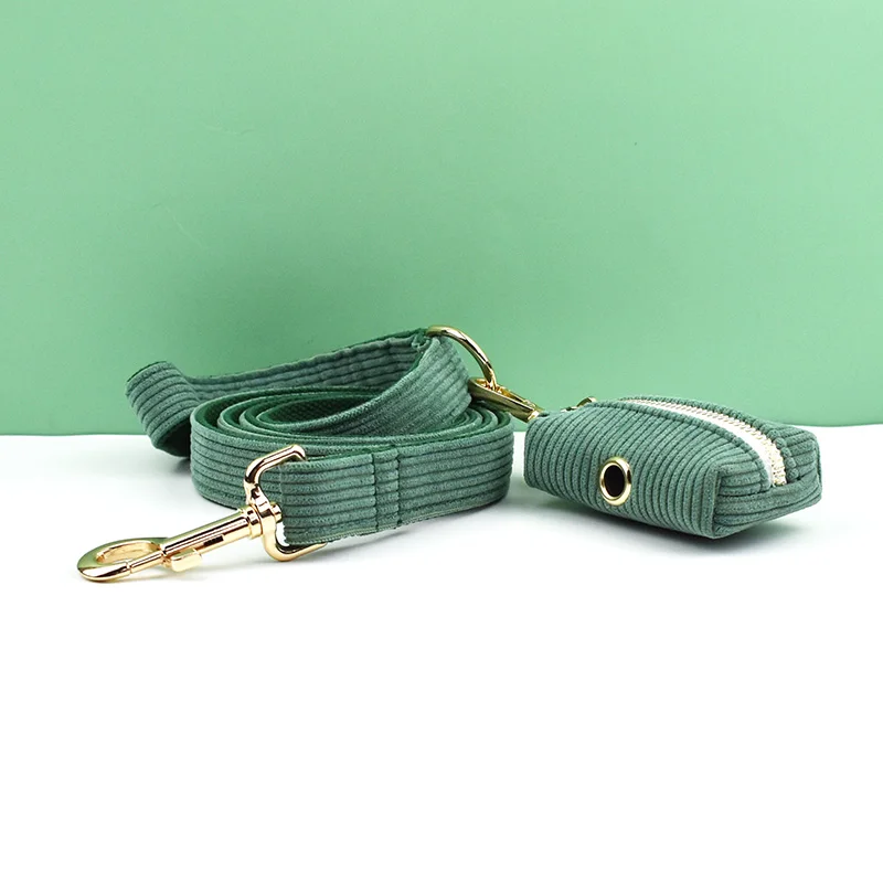 Ensemble collier et laisse en velours côtelé vert foncé pour chiens, plaque signalétique gravée personnalisée, fournitures pour animaux de