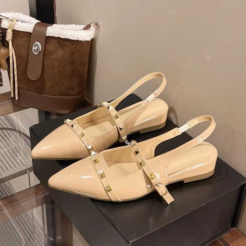 2026 New Style French Rivet Heeled Sandals - Flat Toe Pointed Toe Single Shoes view 3