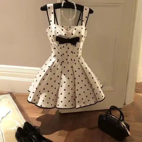 Harajuku Aesthetic Bow Design Polka Dot Suspender Dresses for Women Clothing Kawaii Y2k Korean Slim Sexy Sleeveless White Dress